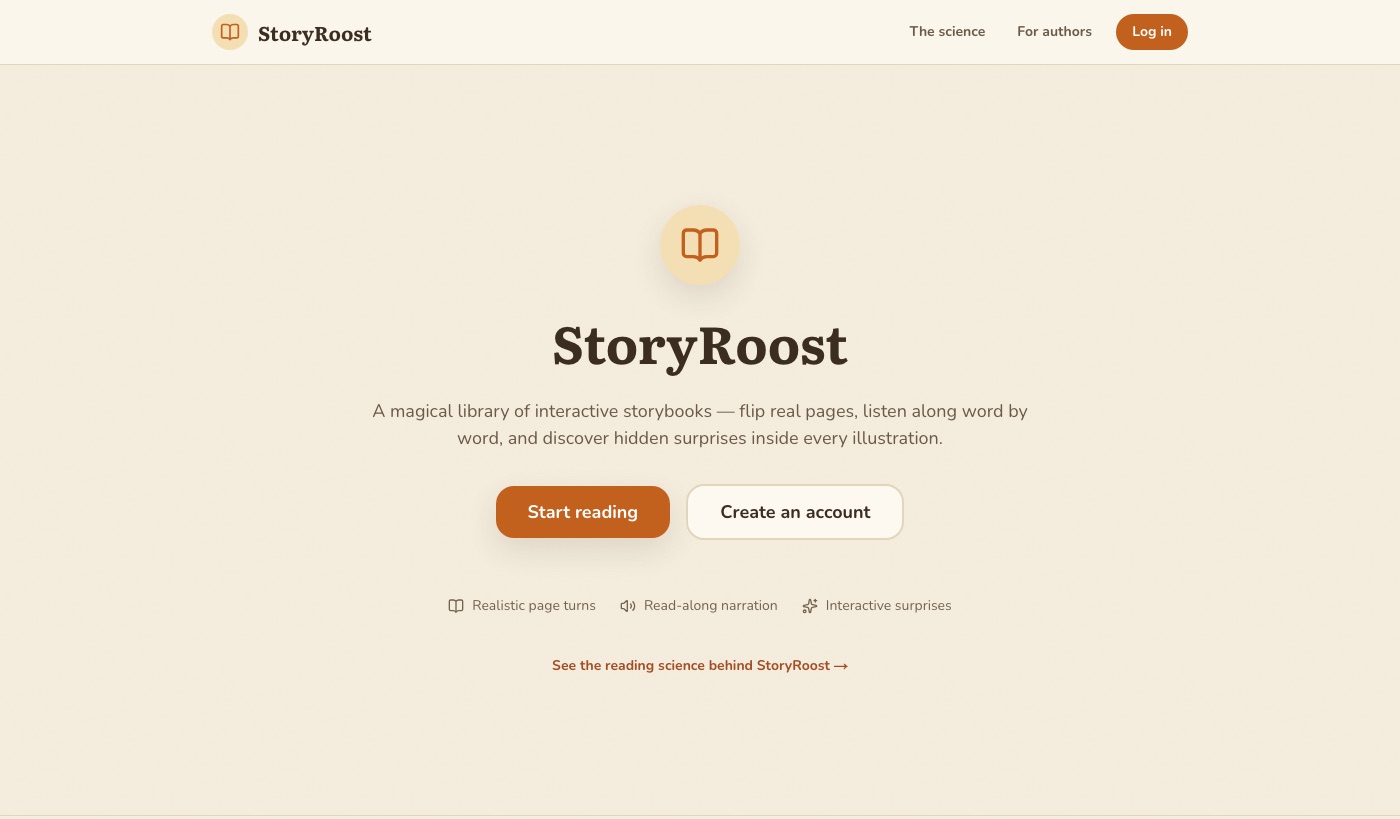 StoryRoost landing page — "A magical library of interactive storybooks," with Start reading and Create an account.