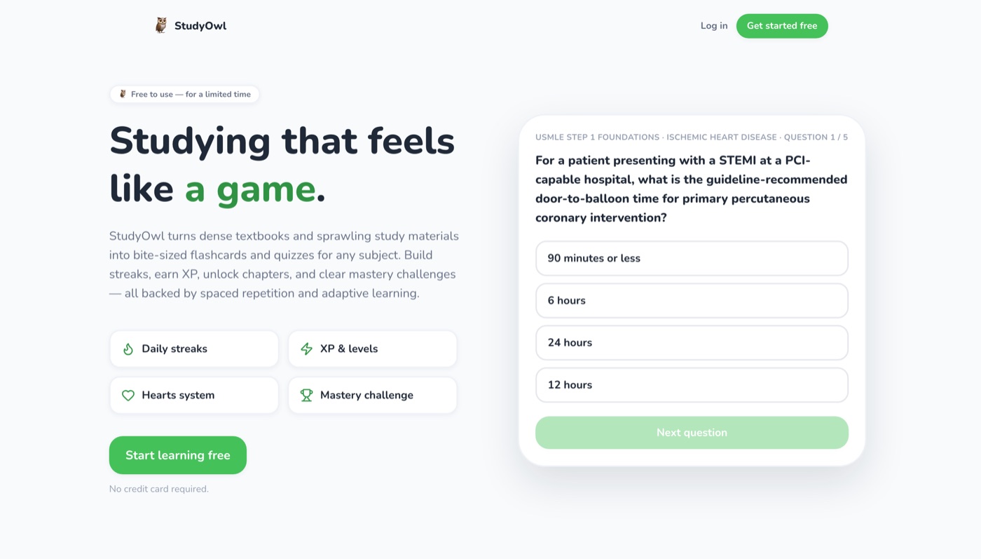 StudyOwl welcome screen: a hero reading "Studying that feels like a game" beside a live practice-quiz demo.