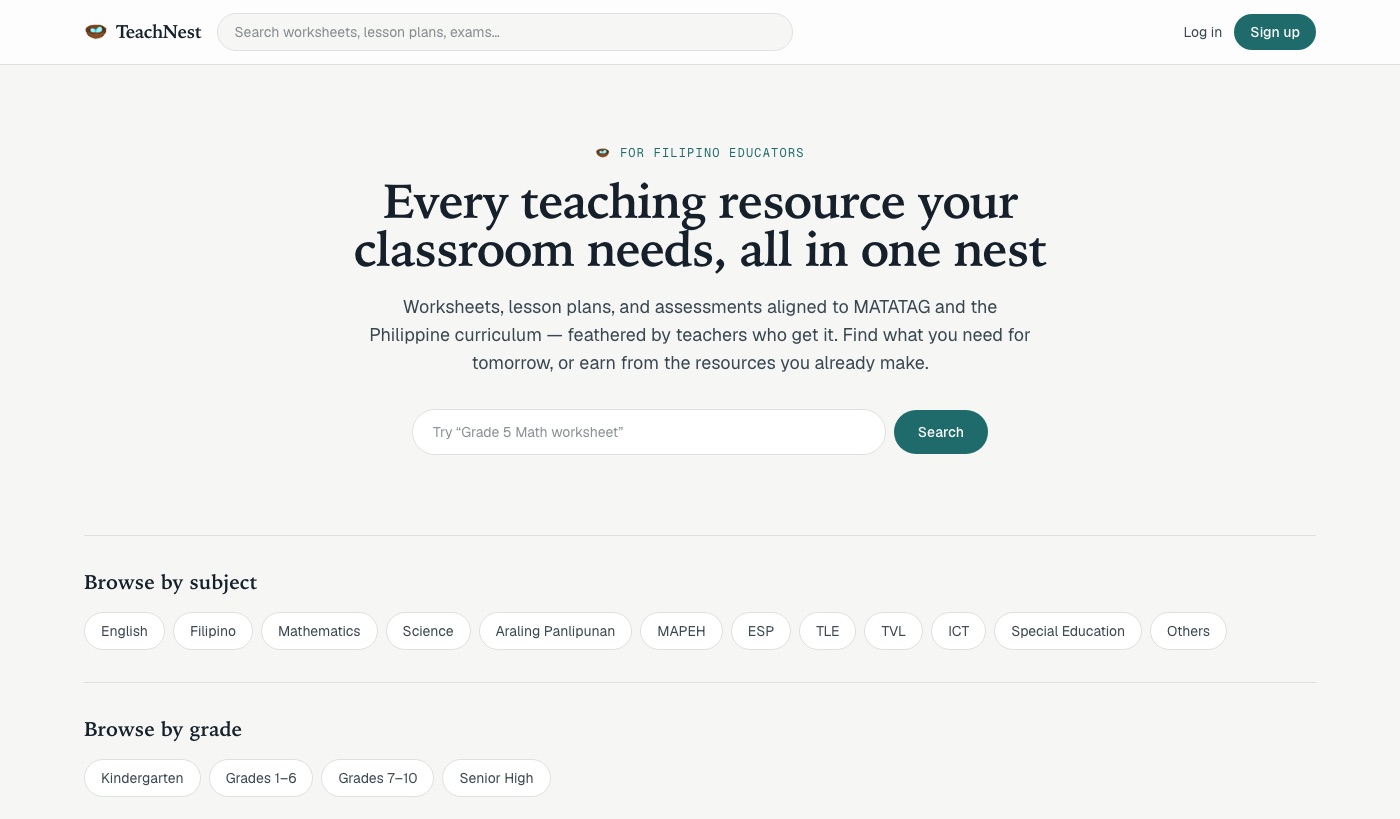 TeachNest landing page — "Every teaching resource your classroom needs, all in one nest," with search and browse-by-subject and grade.